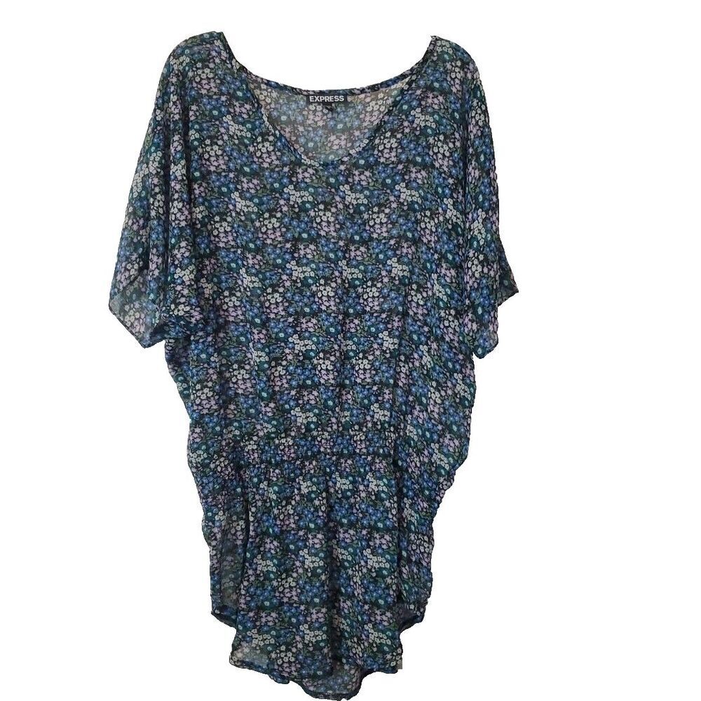 Express Women's Flowy Floral Tunic Top Size Small Ruched Waist Scoop Neck Dolman